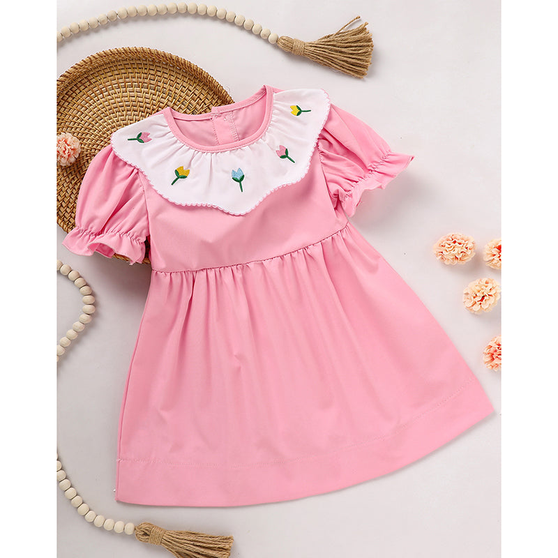 Toddler Baby Girl Spring Tulip Smocked Short Sleeve Dress With Lovely Tulip Embroidery Princess Dresses