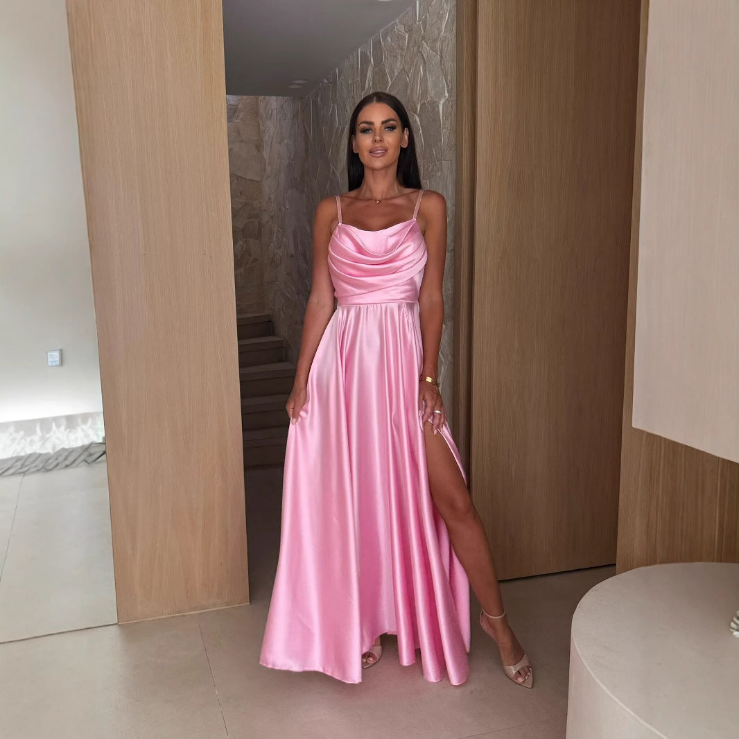 Summer Off-shoulder Solid-color Pleated Split Slip Dress