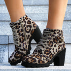 Fashion Leopard Print Ankle Square Heel Suede Lace-up Zip Boots Women Casual Versatile Shoes Autumn And Winter