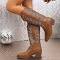 Winter Cowboy Boots Embroidered Pointed Toe Chunky Heel Western Boot Women's Knight Shoes