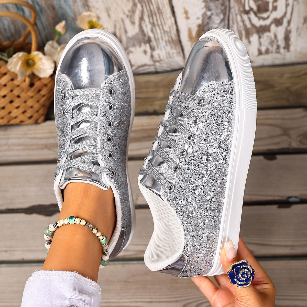 Plus Size Sequined Front Lace-up Solid Color Plus Size Board Shoes