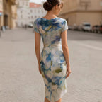 Elegant Abstract Print Pleated Boat-Neckline Holiday Dress