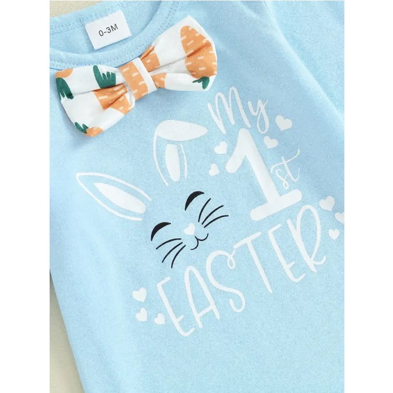 3pcs Set Baby Costume Set, Long Sleeved Letter Rabbit Print Jumpsuit, Carrot Print Suspender Pants, Hat Set