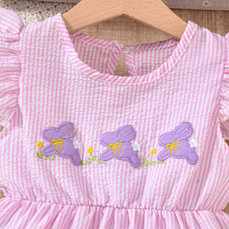 Toddler Girl's Bunny Embroidered Dress, Round Neck Short Sleeve A-Line Dress With Back Button Closure