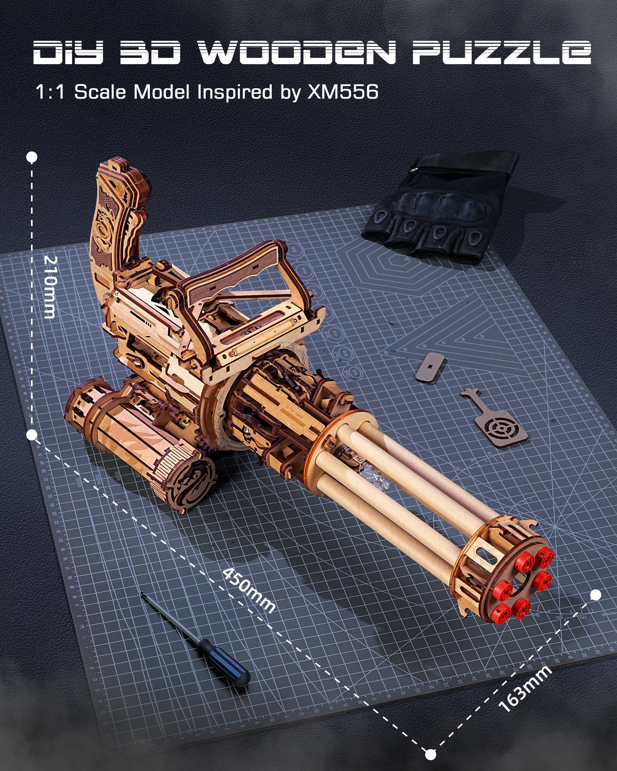 ROKR 3D Puzzle Gatling Gun Model, Adult Wooden 3D Puzzle Rubber Band Gun Toy, Rotating Barrel Machine Gun, Wooden Model Craft Set, Cool Hobby Birthday Gift, Suitable For Males And Teenagers 14 And Up