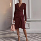 V Neck Folds  Solid Color Slim-fit Long Sleeve V-pleated Design Dress  Women's Office Commuter A-line Midi Party Dresses Female Clothing