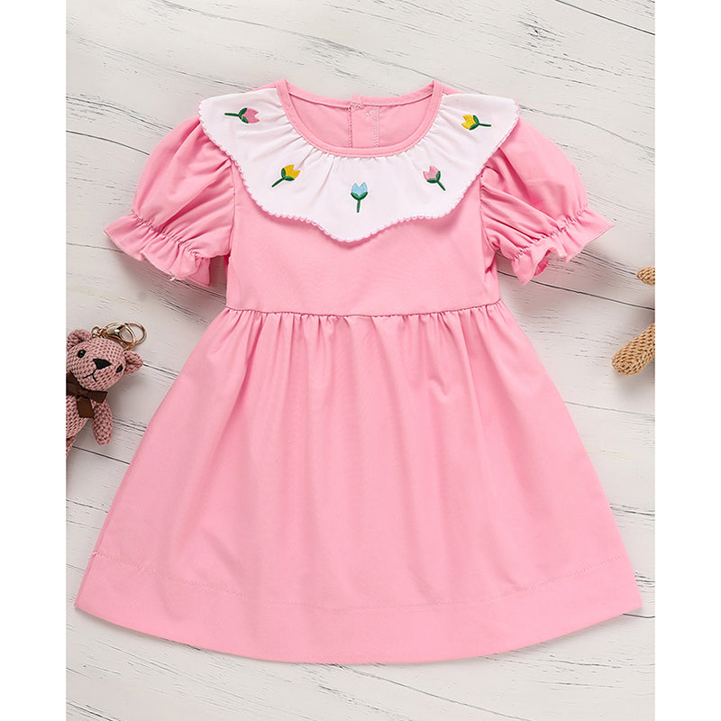 Toddler Baby Girl Spring Tulip Smocked Short Sleeve Dress With Lovely Tulip Embroidery Princess Dresses