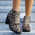 Fashion Leopard Print Ankle Square Heel Suede Lace-up Zip Boots Women Casual Versatile Shoes Autumn And Winter