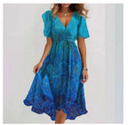 Chiffon Printed Short Sleeve Dress Summer Elegant V-neck Dress Women Clothing