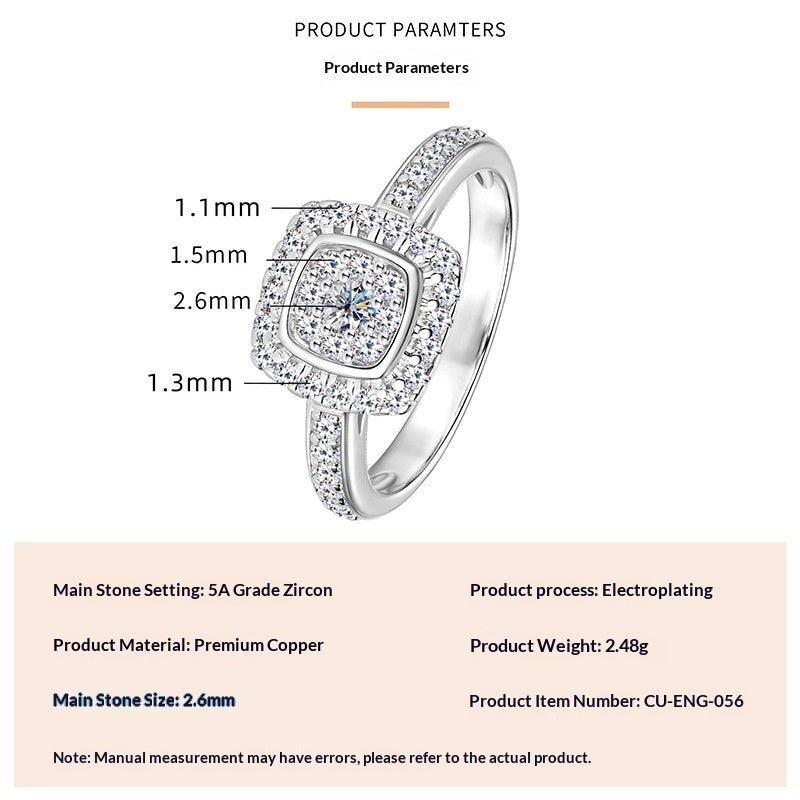 Fashionable, Light-luxury, Versatile, Niche Ring Featuring Faux Moissanite With A Four-prong Zircon Setting And Electroplated Finish