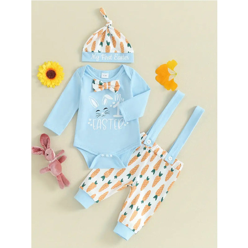 3pcs Set Baby Costume Set, Long Sleeved Letter Rabbit Print Jumpsuit, Carrot Print Suspender Pants, Hat Set