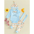 3pcs Set Baby Costume Set, Long Sleeved Letter Rabbit Print Jumpsuit, Carrot Print Suspender Pants, Hat Set