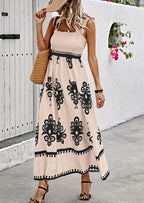 2026 NEW SUMMER Palace Style Printed Square Neck Dress, Elegant Lace Printed Hem, Soft Elastic Body Shaping, Slip Dress, Sleeveless Dress, Suitable For SUMMER, Women's Wear