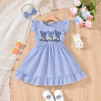 Toddler Girl's Bunny Embroidered Dress, Round Neck Short Sleeve A-Line Dress With Back Button Closure