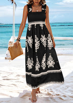 2026 NEW SUMMER Palace Style Printed Square Neck Dress, Elegant Lace Printed Hem, Soft Elastic Body Shaping, Slip Dress, Sleeveless Dress, Suitable For SUMMER, Women's Wear