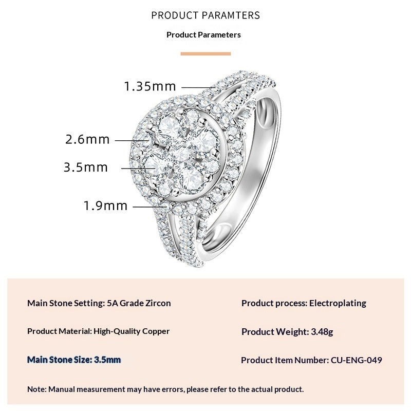 Fashionable, Light-luxury, Versatile, Niche Ring Featuring Faux Moissanite With A Four-prong Zircon Setting And Electroplated Finish
