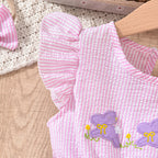 Toddler Girl's Bunny Embroidered Dress, Round Neck Short Sleeve A-Line Dress With Back Button Closure