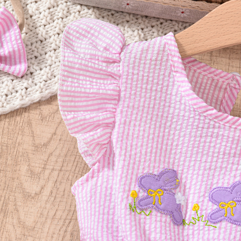 Toddler Girl's Bunny Embroidered Dress, Round Neck Short Sleeve A-Line Dress With Back Button Closure