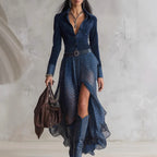 New Fall Winter Fashion Casual Polo-Neck Patchwork Long-Sleeve Dress