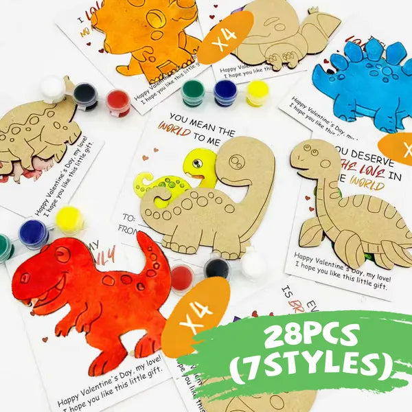 Valentines Day Gifts For Kids - 28 PCS Valentines Cards School With Art Supplies - Dinosaur Wood Painting Craft Kits - For Classroom Kids Boys Girls Gifts Exchanges - Valentines Party Favors
