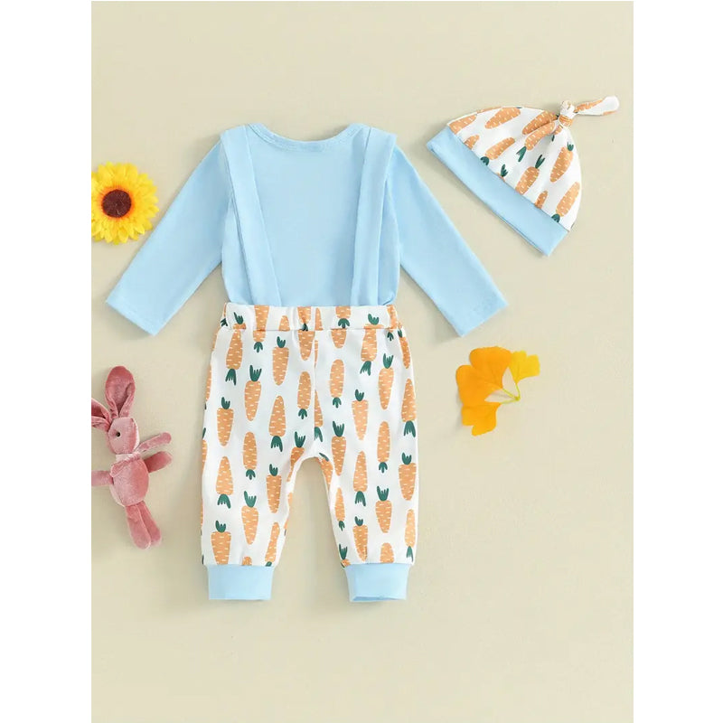 3pcs Set Baby Costume Set, Long Sleeved Letter Rabbit Print Jumpsuit, Carrot Print Suspender Pants, Hat Set